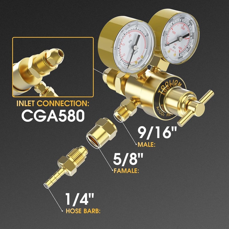 TOOLIOM Argon CO2 Regulator, Welding Gas Regulator for MIG and TIG, 0-4000 PSI Input Pressure,CGA580 Inlet Connection - Image 2
